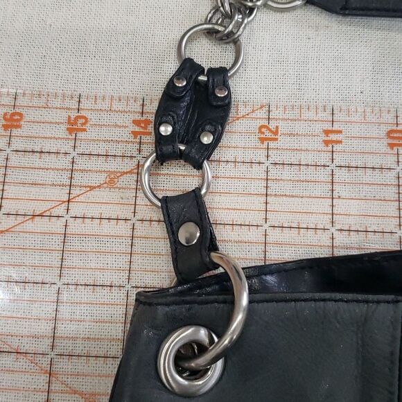 Franco Sarto Purse Hobo Distressed Leather Black Silver Link Hardware Tote - Picture 6 of 10